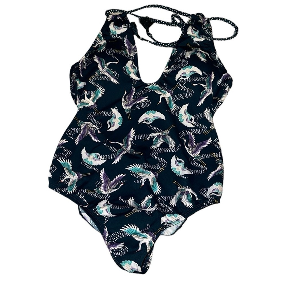 Cremieux Cranes plunge Maillo teal Sz S‎ one piece swimsuit tassels